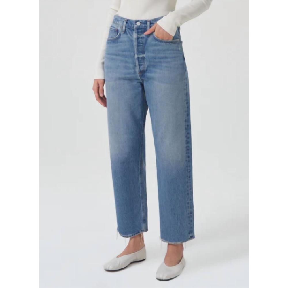 AGOLDE 90's Crop Mid Rise Loose Straight Jeans Bound Wash Women's 30 Raw Hem